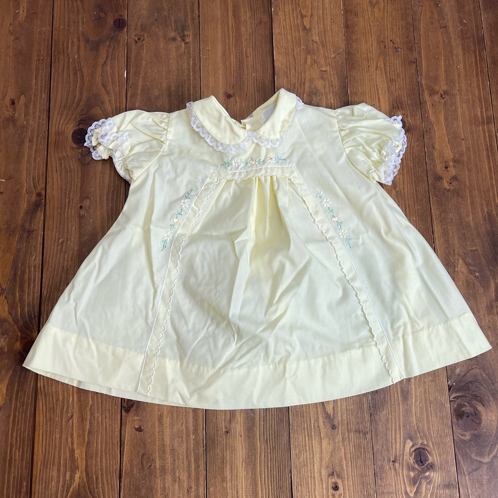 Tiny tots vintage baby dress pale yellow with embroidery